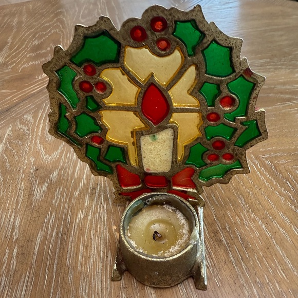 VINTAGE STAINED GLASS CAST IRON CANDLE HOLDER CHRISTMAS WREATH TEALIGHT CANDLE - Picture 3 of 6